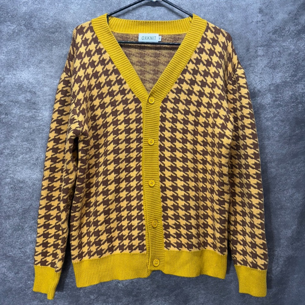 OXKNIT Primrose Houndstooth Cardigan Sweater Mens M Yellow Brown Preppy Retro